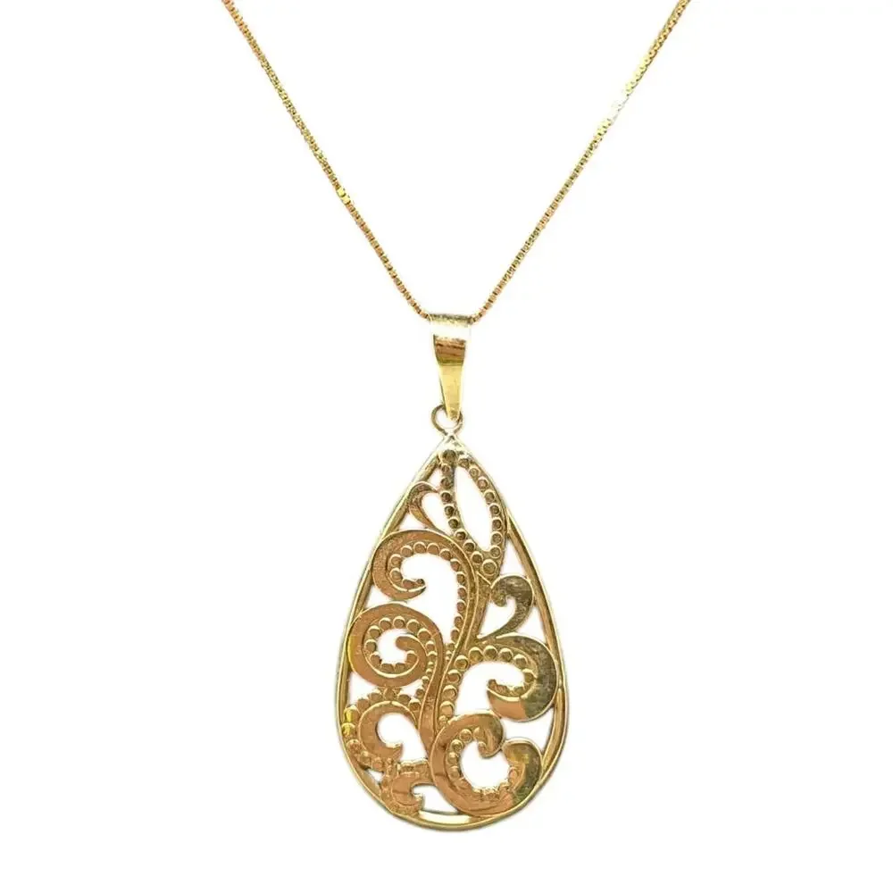 JCM 14K Yellow Gold Filigree Teardrop Pendant Necklace – 17.5”, 2.08g